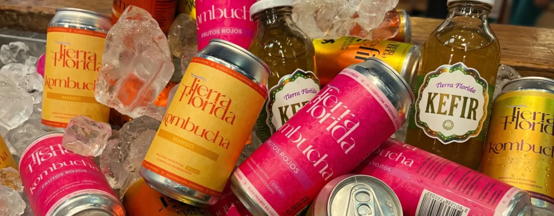 Botella de vidrio de Kombucha artesanal y orgánica de Tierra Florida, una bebida viva rica en probióticos y antioxidantes.