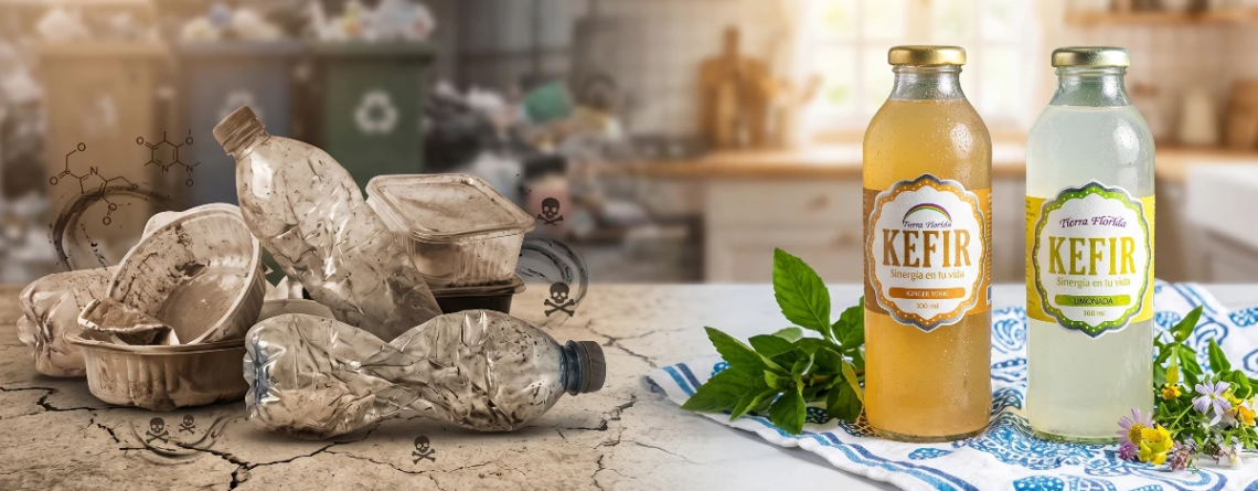 Botella de vidrio de kéfir Tierra Florida, una alternativa segura y natural frente a los envases de plástico que presentan riesgos para la salud.