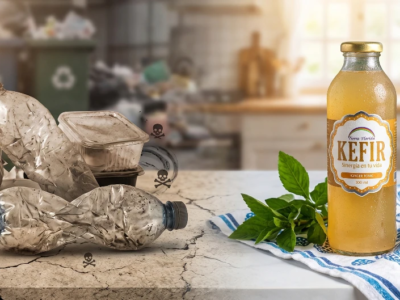 Botella de vidrio de kéfir Tierra Florida, una alternativa segura y natural frente a los envases de plástico que presentan riesgos para la salud.