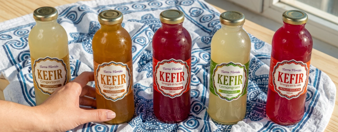 Pack degustación de botellas de kéfir artesanal Tierra Florida junto a tinturas madres, ideal para el bienestar natural.